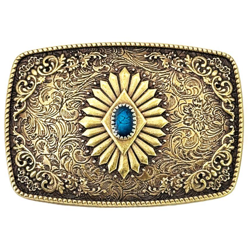 12 Wholesale Western Turquoise Bead Antique Gold Belt Buckle image