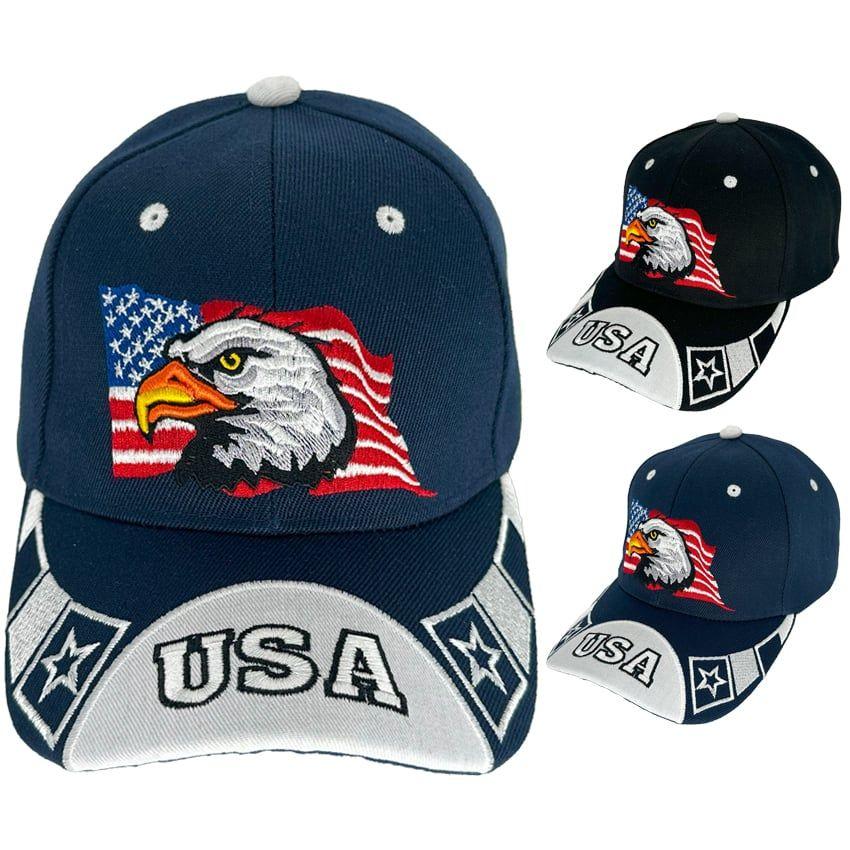24 Wholesale American Eagle & Flag Embroidered Baseball Cap image