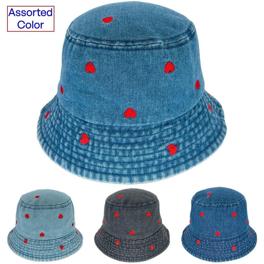 24 Wholesale Vintage Denim Bucket Hats With Red Heart Embroidered - Assorted Colors image