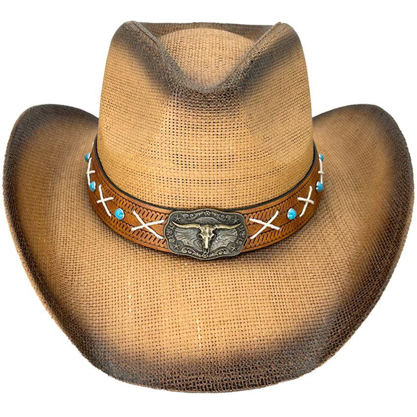 24 Wholesale Paper Straw Brown Cowboy Hat With Long Horn Bull Leather Band image