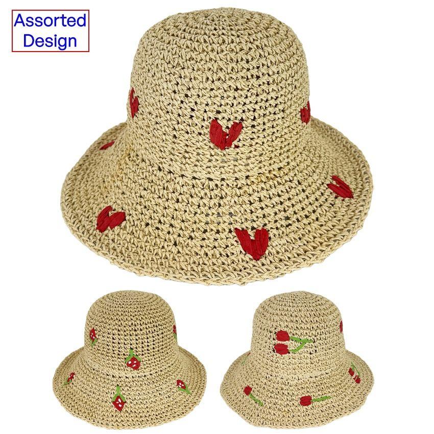 24 Wholesale Straw Crochet Bucket Hats With Heart Rose And Strawberry Design image