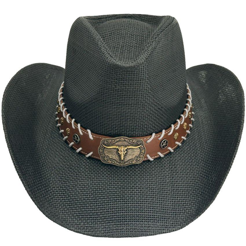 24 Wholesale Black Cowboy Hats Paper Straw Bull Laced Band image