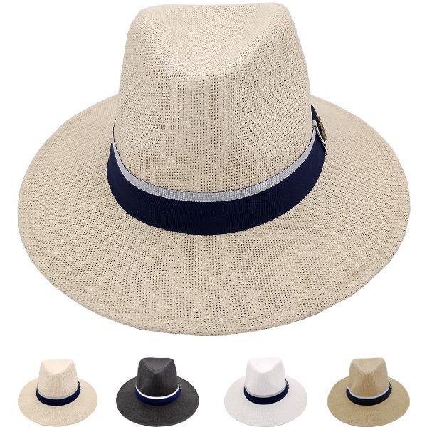 24 Wholesale Men's Straw Summer Hat - Wide Brim Hat With Blue Strip image