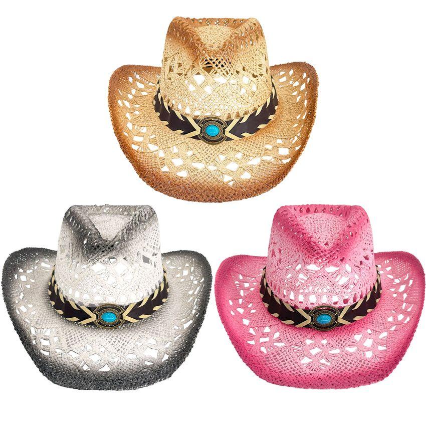 24 Wholesale Mixed Cowboy Hat With Turquoise Beaded Laced Band Breathable Beach Cowgirl Hats image