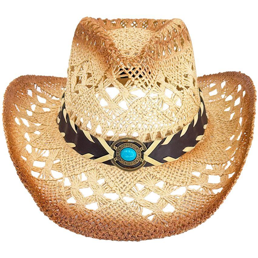 24 Wholesale Brown Cowboy Hat With Turquoise Beaded Laced Band image