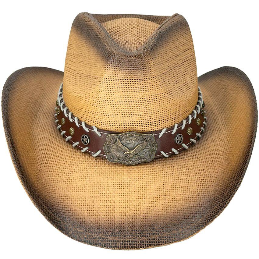 24 Wholesale Paper Straw Brown Cowboy Hat With Eagle Leather Laced Band image