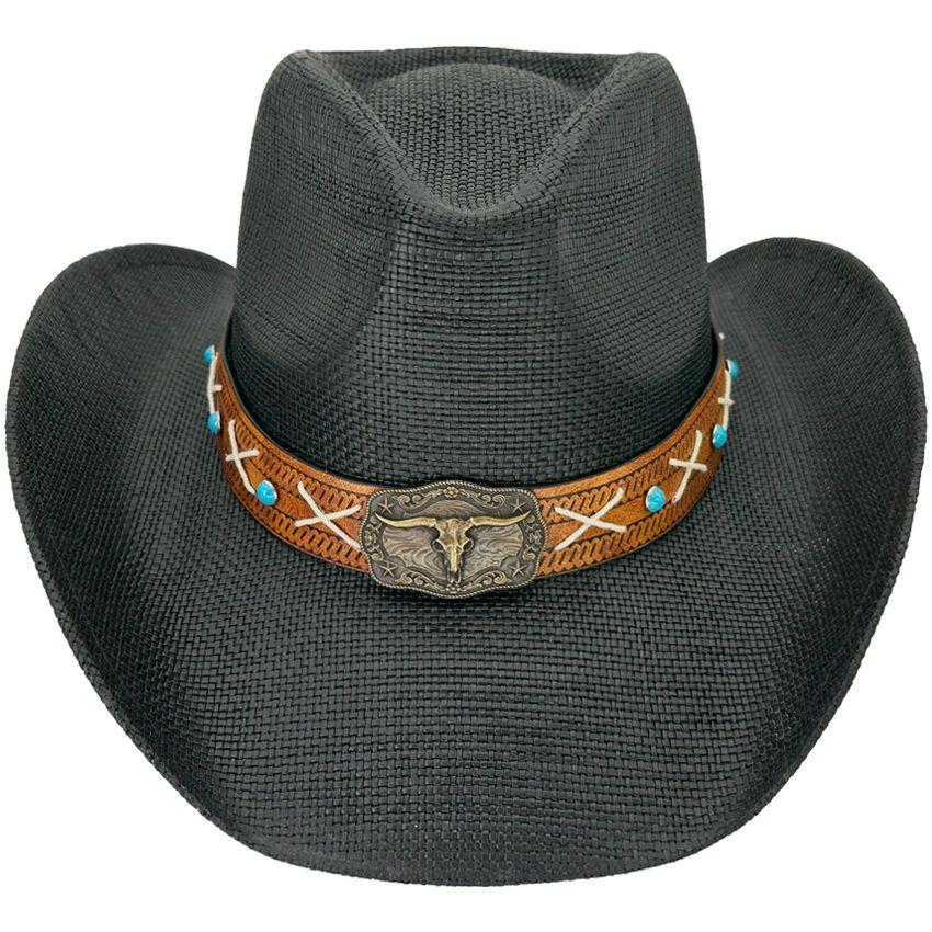 24 Wholesale Trendy Black Paper Straw Cowboy Hat With Bull Lace Band image
