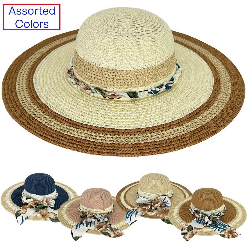 24 Wholesale Wide Brim Floppy Summer Hats For Ladies Floral Band And Pearl Design image