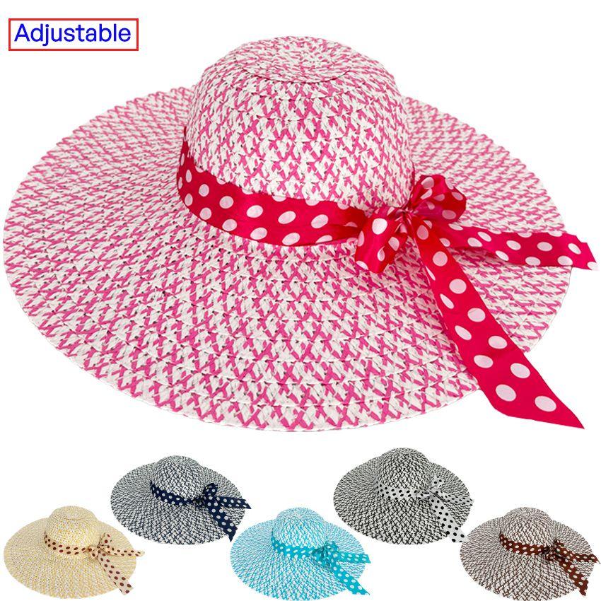 24 Wholesale Wide Brim Floppy Ribbon Bow Summer Beach Hat image