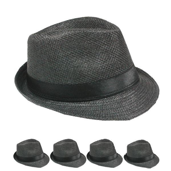 24 Wholesale Classic Black Toyo Straw Trilby Fedora Hat With Black Strip Band image