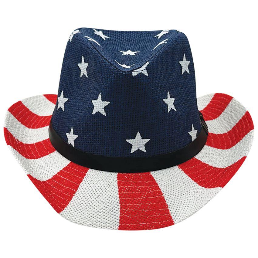 24 Wholesale Usa Flag Printed Paper Straw Cowboy Hat image