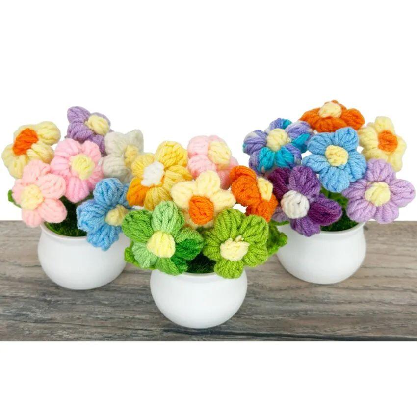 24 Wholesale Rainbow Crochet Puff Flowers in Pot Assorted Colors image