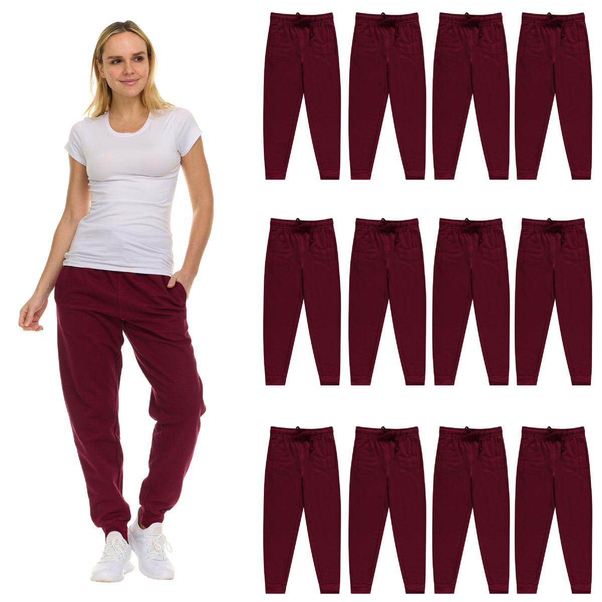 12 Wholesale Womens Fleece Lined Jogger With Pocket In Burgundy Size Large image