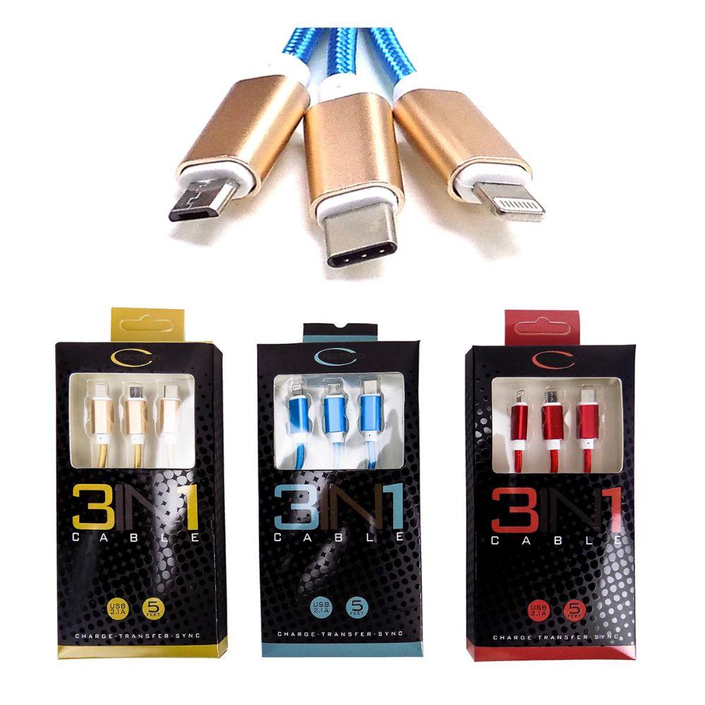 48 Wholesale 5 Ft 3 In 1 Cable (type C, Micro Usb & Lightning) image