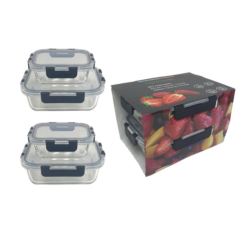 6 Wholesale 4 Pk Rectangle Container 2x 370ml + 2x 1040 Ml, Glass W/ Hinged Pp Lid image