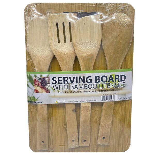6 Wholesale 5 Piece Serving Board With Bamboo Utensils Set image