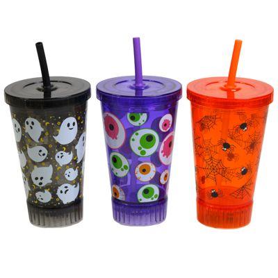 24 Wholesale Tumbler Light Up W/straw 3asst Halloween Prints 18fl Oz / 10in H/ Label image