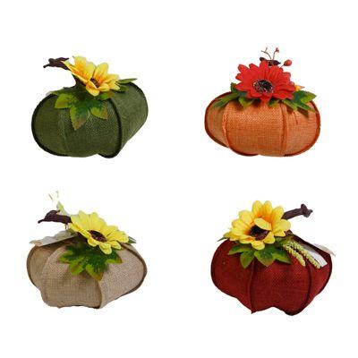 24 Wholesale Pumpkin W/ Floral Decor Burlap 4 Ast Clrs Harv/ Ht/ 4 X 2.25in image