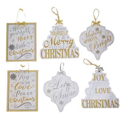 24 Wholesale Wall Plaque Christmas Silv/ Gold Theme 6 Asst Glittered Mdf Comply ht image