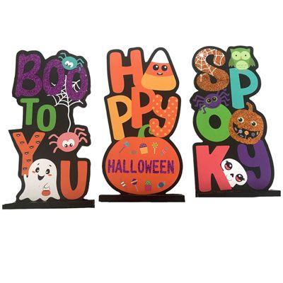 24 Wholesale Table Decor Halloween Mdf 3 Asst Boo/ Spooky/ Happy Hlwn/ Mdf Comply Label image