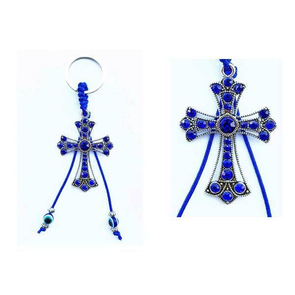 48 Wholesale Evil Eye Blue Cross Keychain image