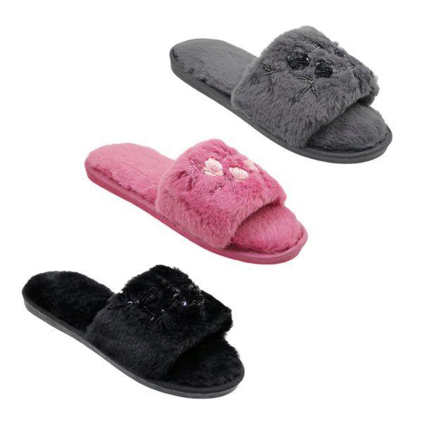 9 Wholesale Assorted Colors Women's Slippers With Floral Details In Sizes 6-10 image