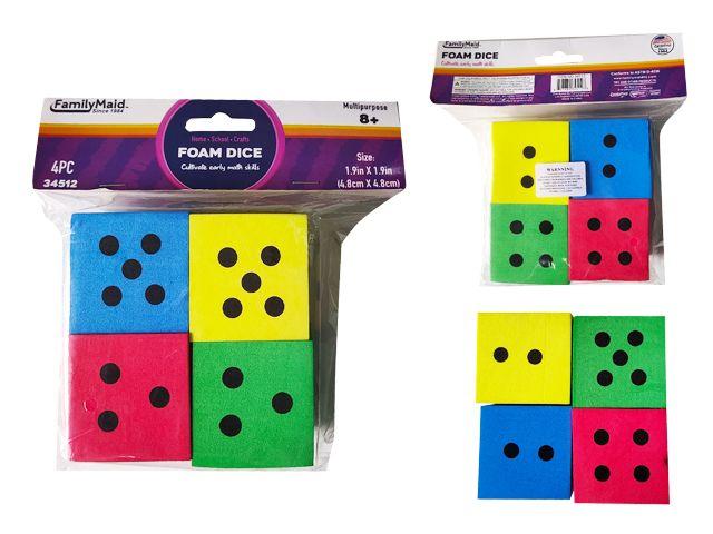 72 Wholesale Foam Dice 4pc 1.9inch X 1.9inch Green,blue,red,yellow image