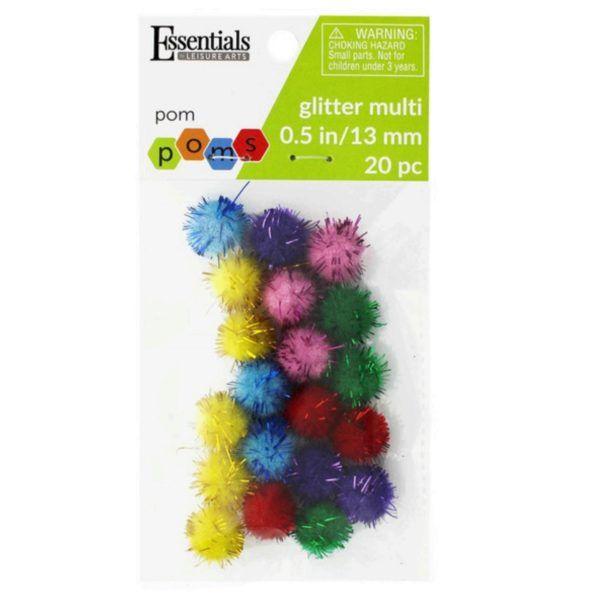 50 Wholesale Essentials By Leisure 20 Count 1/2 inch Multicolor Glitter Craft Pom Poms image