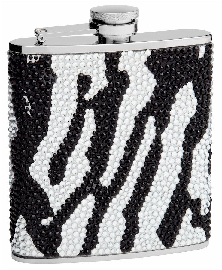 6 Wholesale Rhinestone Hip Flask Holding 6 Oz - Zebra Pattern Design Black And White Finish image