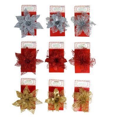 24 Wholesale Ornament Glitter Poinsettia Plastic 7in W/ Clip 3 Asst Red/ Gold/ Silv Xm Tcd image