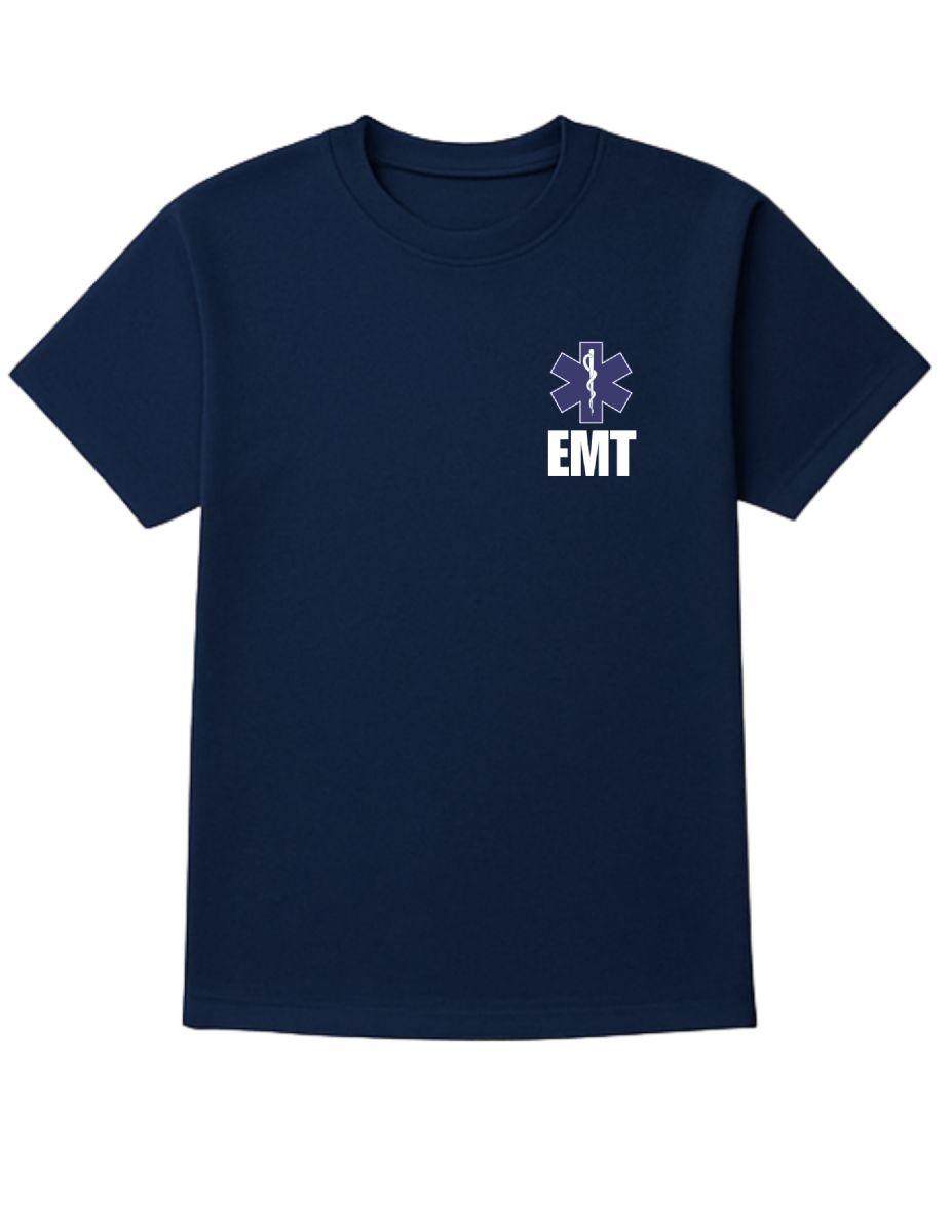12 Wholesale Unisex Cotton Emt Printed T Shirt Navy With White Print Back And Front Size Large image