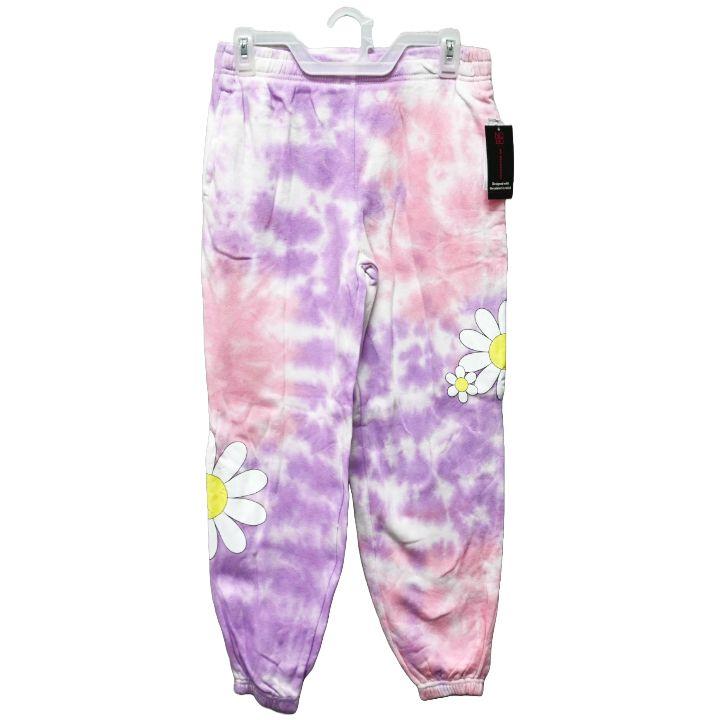 24 Wholesale Girls' Pink And Purple TiE-Dye Jogger Sweatpants With Daisy Print Medium image