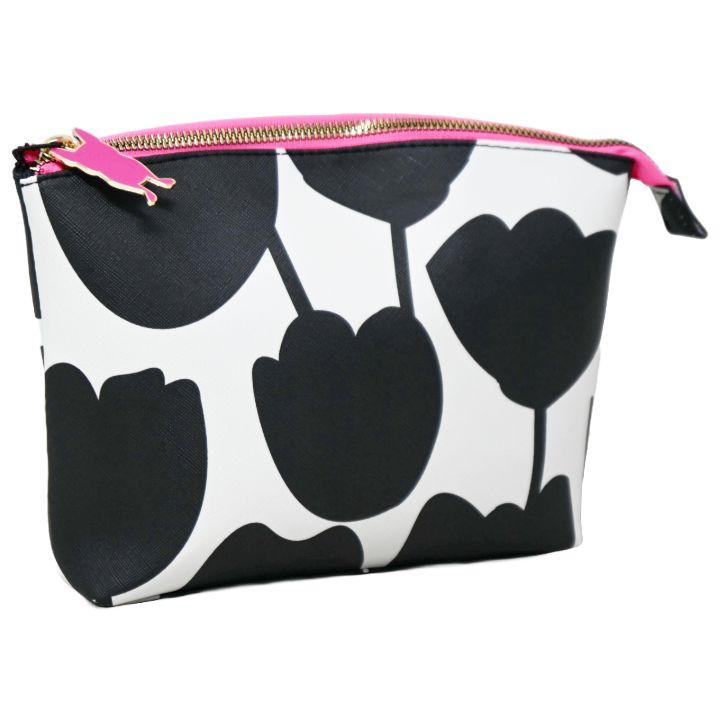 40 Wholesale Black and White Graphic Tulip Print Cosmetic Bag with Pink Zipper image