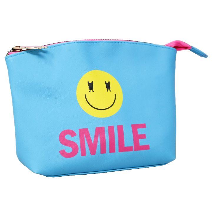 40 Wholesale Light Blue Small Printed Curved Top Pouch - "Smile" Text image