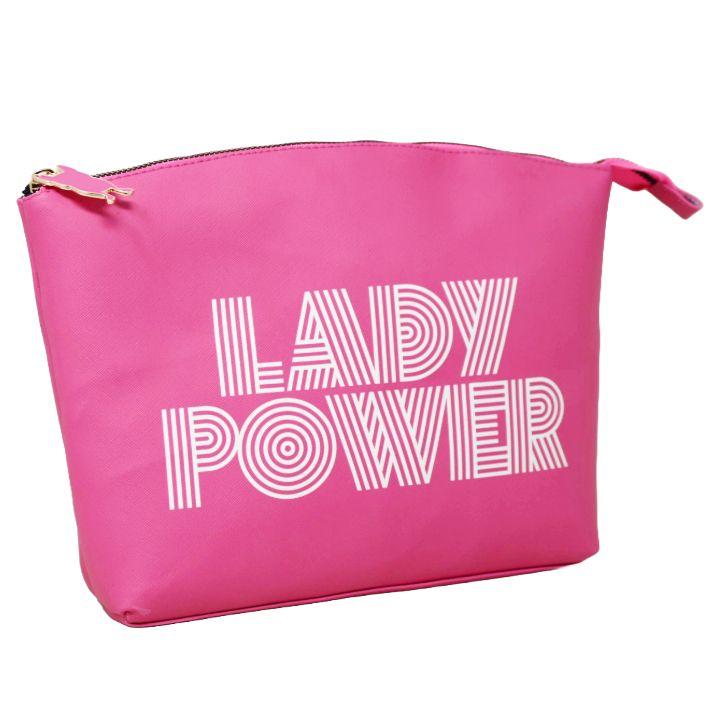 40 Wholesale Pink Large Printed Curved Top Pouch - "Lady Power" Text image