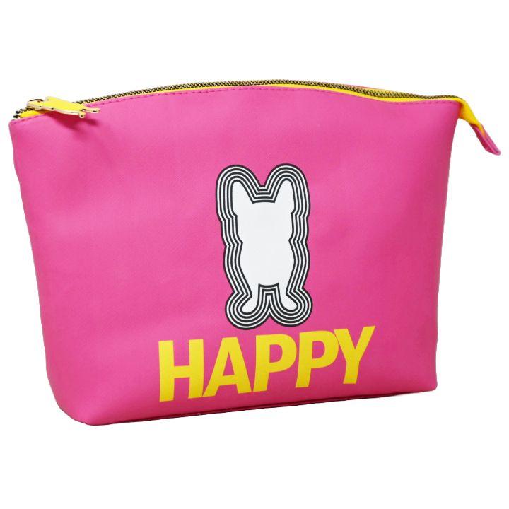 40 Wholesale Pink Large Printed Curved Top Pouch - "Happy" Text image