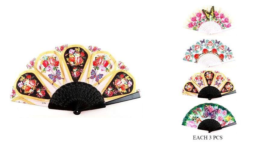 12 Wholesale Butterfly & Flower Print Hand Fans - Assorted image