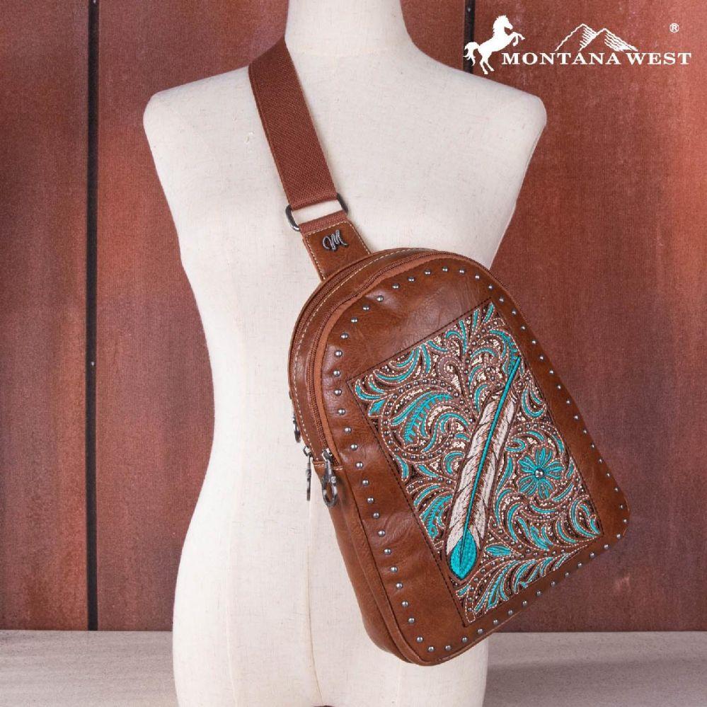 12 Wholesale Montana West Feather Embroidery Crossbody Bag - Brown image