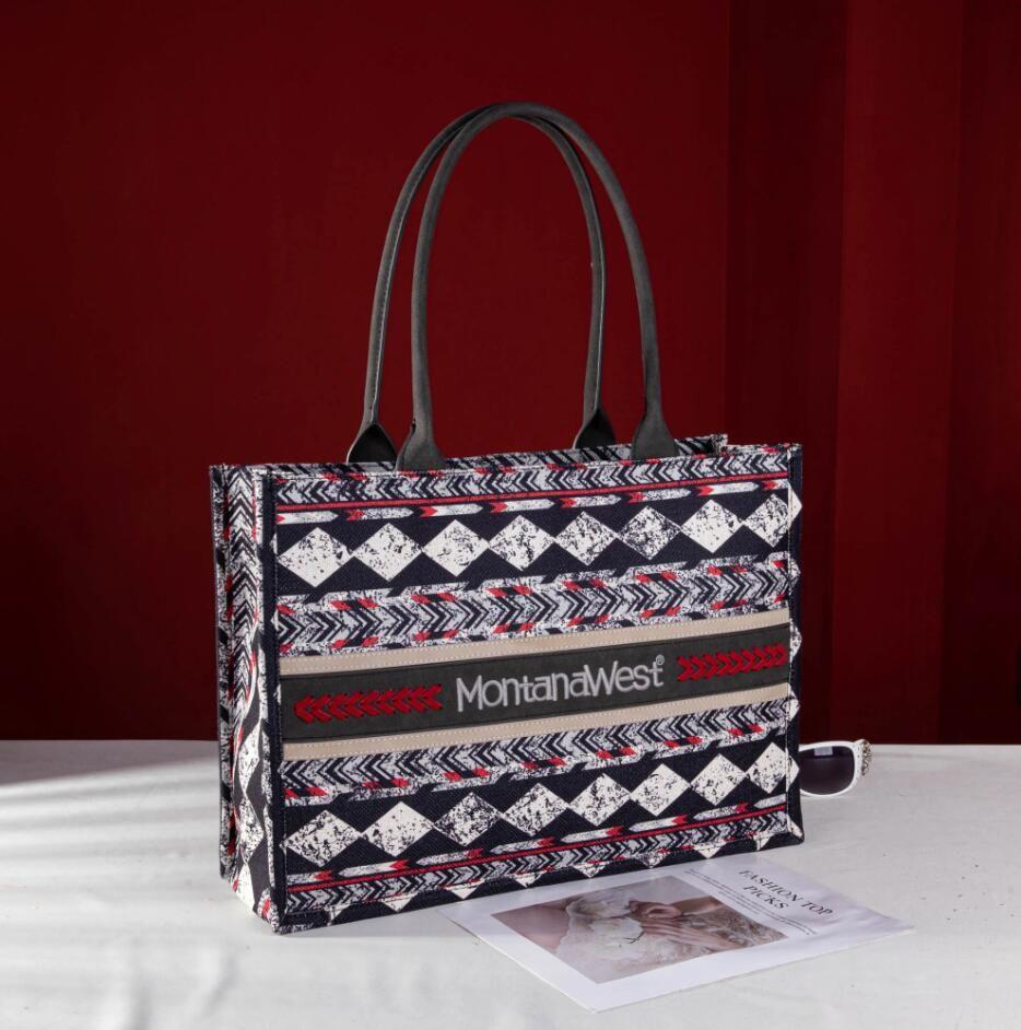 12 Wholesale Montana West Boho Print Concealed Carry Wide Tote - Black image