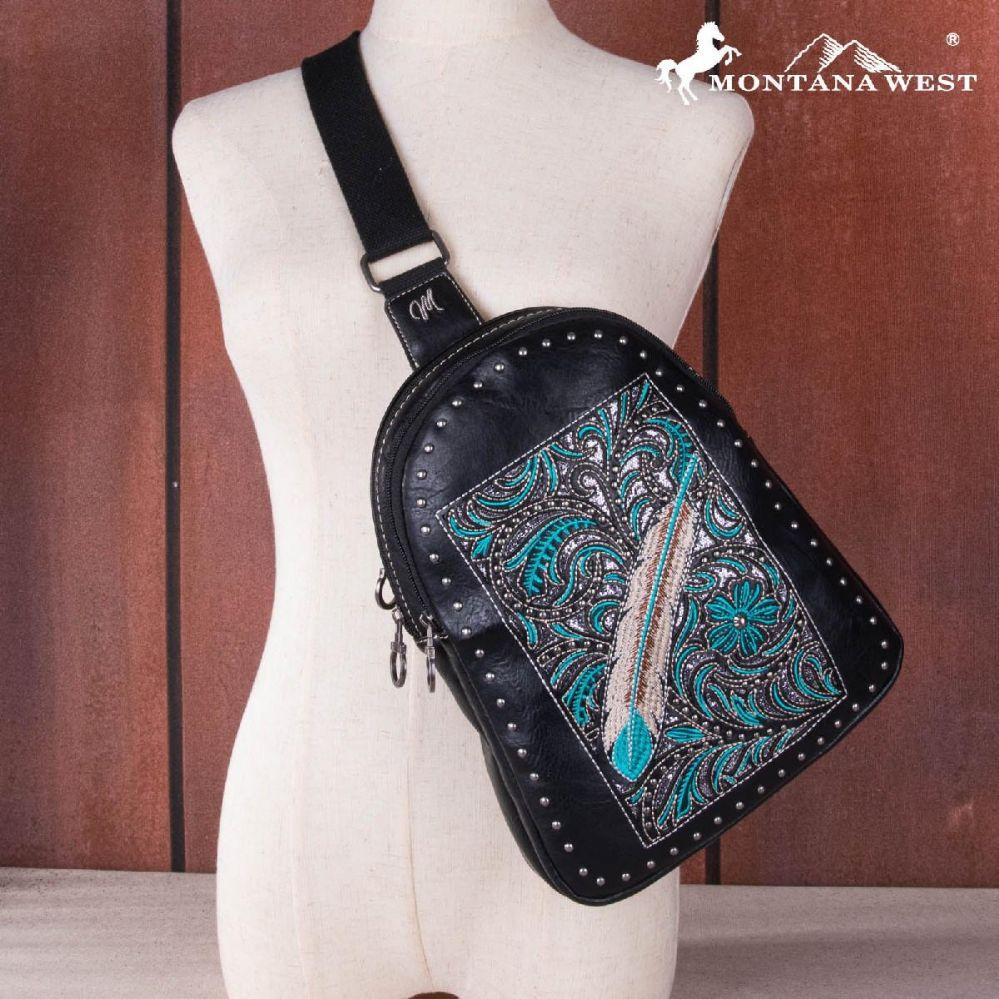 12 Wholesale Montana West Feather Embroidery Crossbody Bag - Black image