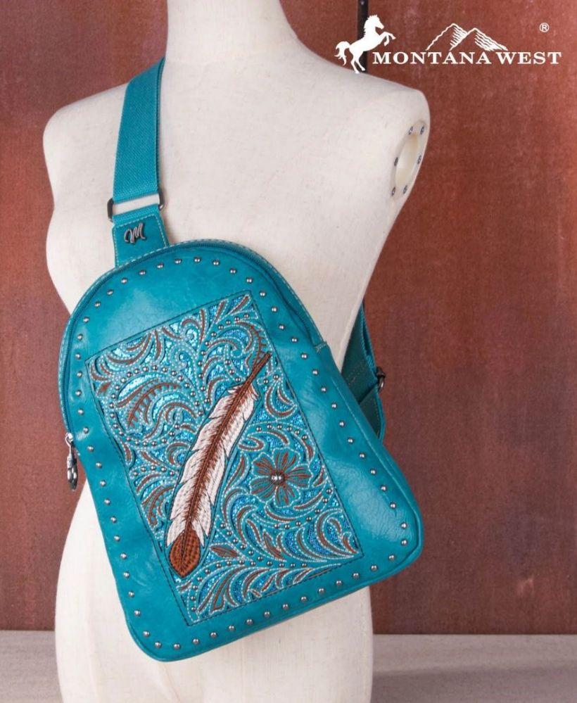 12 Wholesale Montana West Feather Embroidery Crossbody Bag - Turquoise image