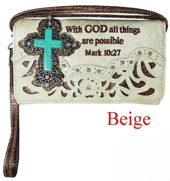 12 Wholesale "with God All Things Are Possible" Concho Style Cross Cell Phone WalleT-Beige image