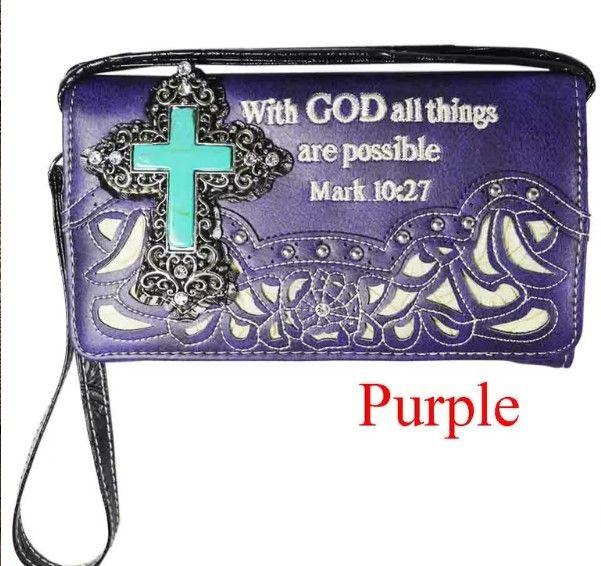 12 Wholesale "with God All Things Are Possible" Concho Style Cross Cell Phone WalleT-Purple image