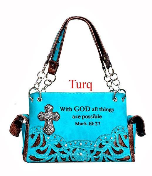 12 Wholesale "with God All Things Are Possible" Rhinestone Cross Handbag - Turquoise image
