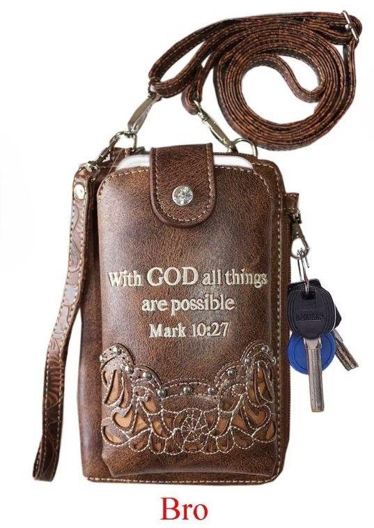 12 Wholesale "with God All Things Are Possible" Rhinestone Cross Cell Phone WalleT-Brown image