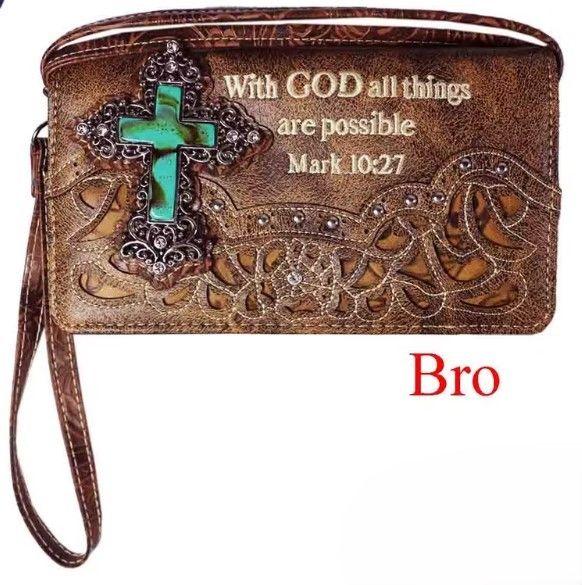 12 Wholesale "with God All Things Are Possible" Concho Style Cross Cell Phone WalleT-Brown image