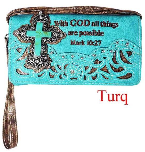 12 Wholesale "with God All Things Are Possible" Concho Style Cross Cell Phone WalleT-Turquoise image