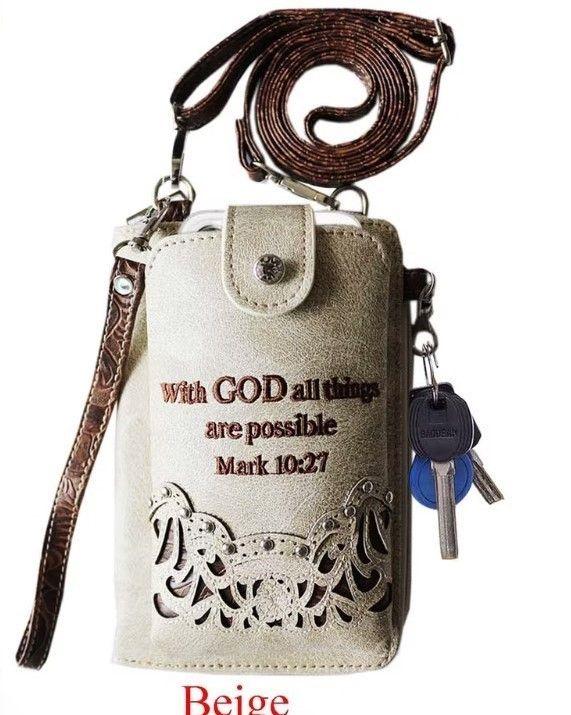 12 Wholesale "with God All Things Are Possible" Rhinestone Cross Cell Phone WalleT-Beige image