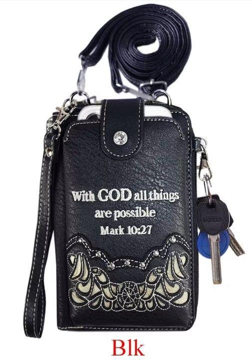 12 Wholesale "with God All Things Are Possible" Rhinestone Cross Cell Phone WalleT-Black image