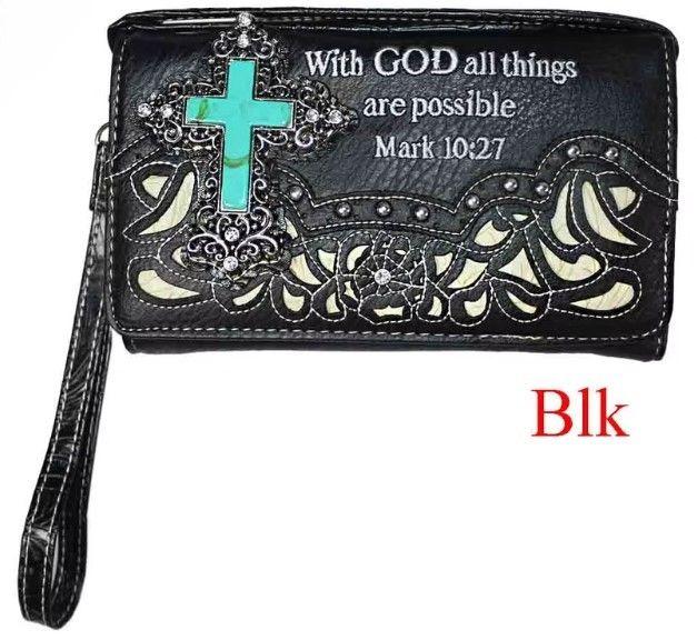 12 Wholesale "with God All Things Are Possible" Concho Style Cross Cell Phone WalleT-Black image